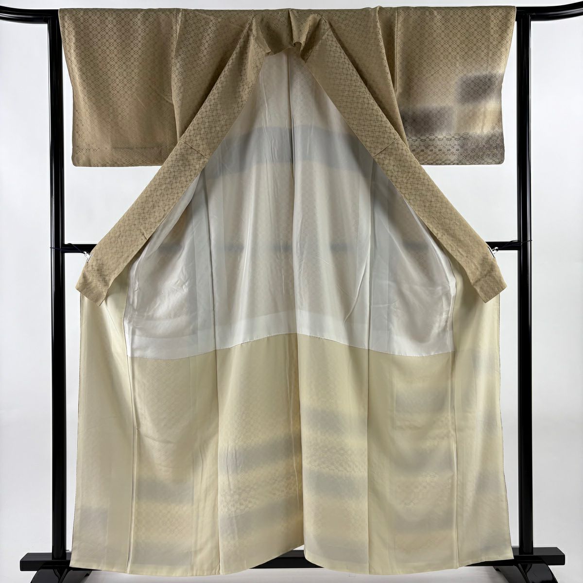 【美品】 付下 身長159.5cm 袖長63.5cm S 雙層 段紋 幾何圖案 漸變 淺茶 純蠶絲 名品級