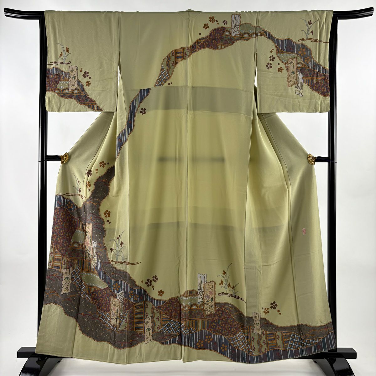 訪問服 身長159cm 袖長65.5cm M 雙層 翠山工房 落款 草花紋 露芝 金彩裝飾 抹茶 純蠶絲 名品級