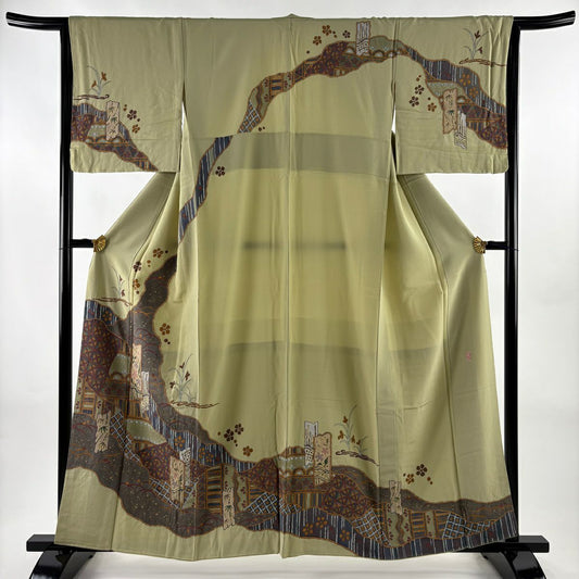 訪問服 身長159cm 袖長65.5cm M 雙層 翠山工房 落款 草花紋 露芝 金彩裝飾 抹茶 純蠶絲 名品級