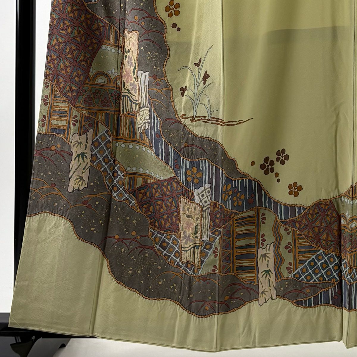 訪問服 身長159cm 袖長65.5cm M 雙層 翠山工房 落款 草花紋 露芝 金彩裝飾 抹茶 純蠶絲 名品級