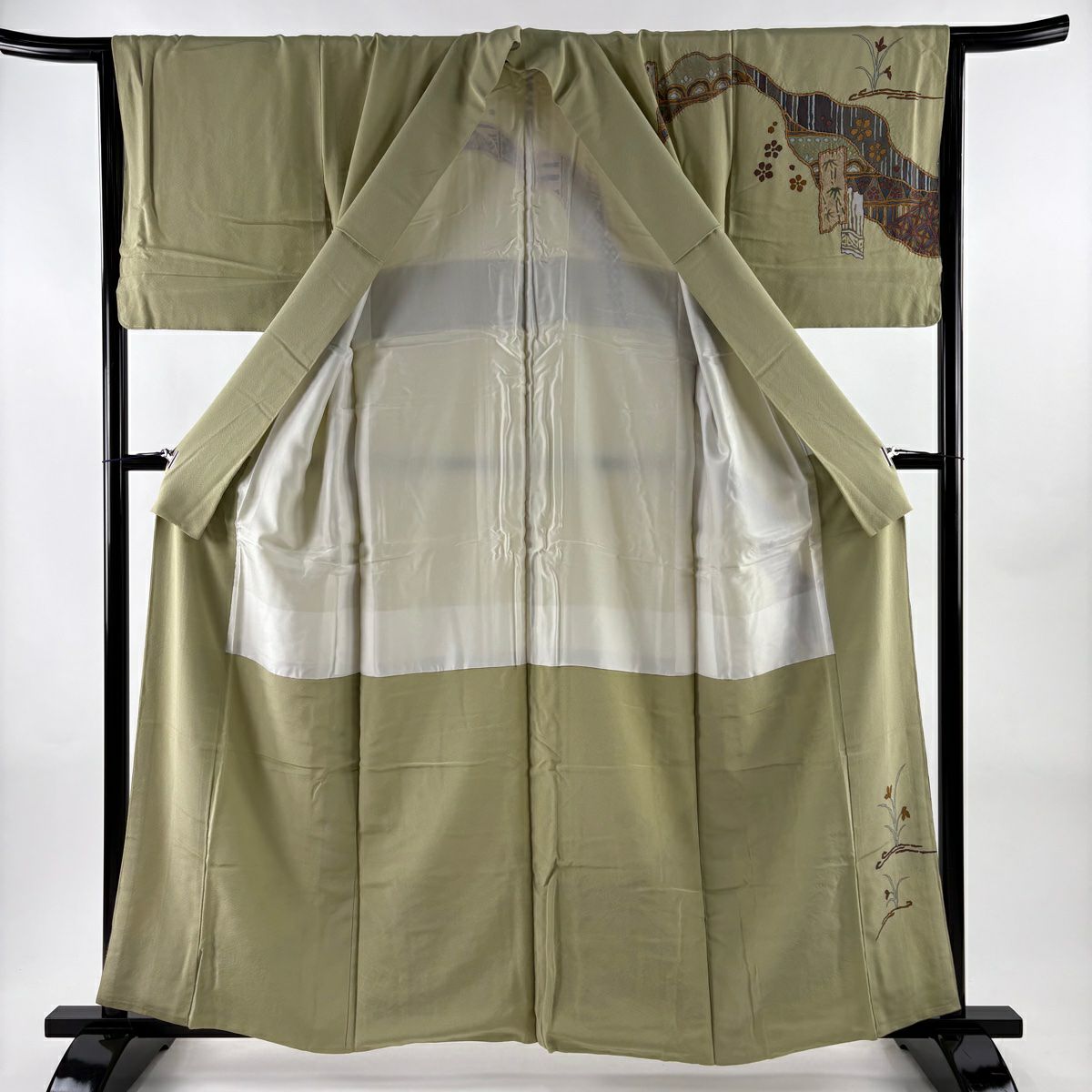 訪問服 身長159cm 袖長65.5cm M 雙層 翠山工房 落款 草花紋 露芝 金彩裝飾 抹茶 純蠶絲 名品級