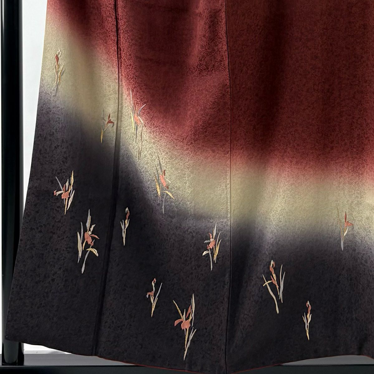 【美品】 付下 身長155.5cm 袖長62cm S 雙層 丹下雄介 大和 落款 草花紋紋 刺繡 金線 深紅 純蠶絲 名品級