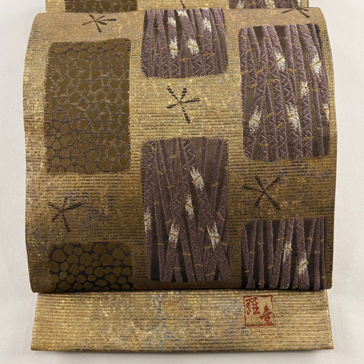 【美品】 袋帶 名品級 落款あり 竹子 石畳 金糸 金金箔 金茶 六通 純蠶絲