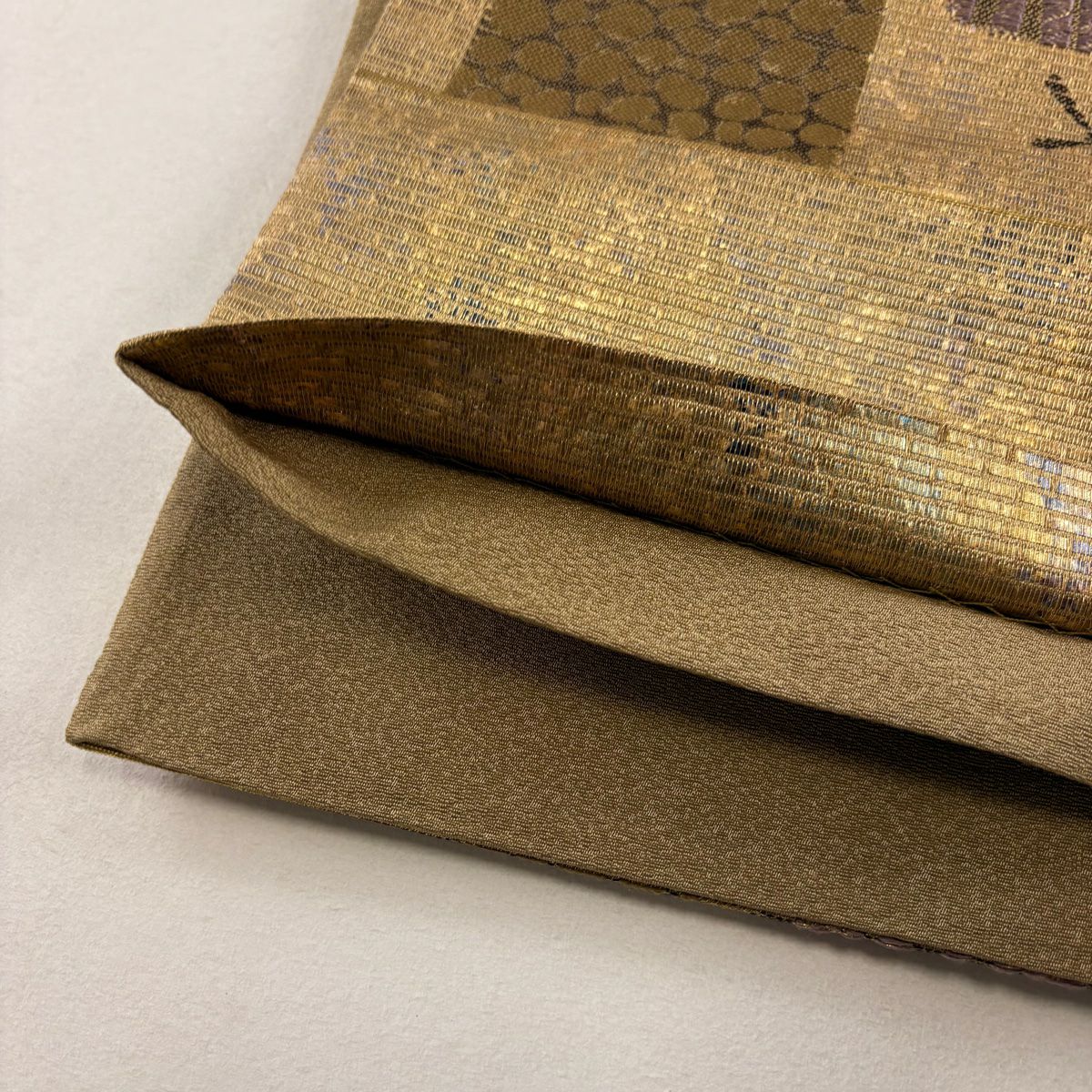 【美品】 袋帶 名品級 落款あり 竹子 石畳 金糸 金金箔 金茶 六通 純蠶絲