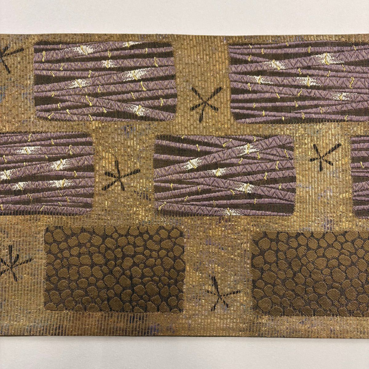 【美品】 袋帶 名品級 落款あり 竹子 石畳 金糸 金金箔 金茶 六通 純蠶絲