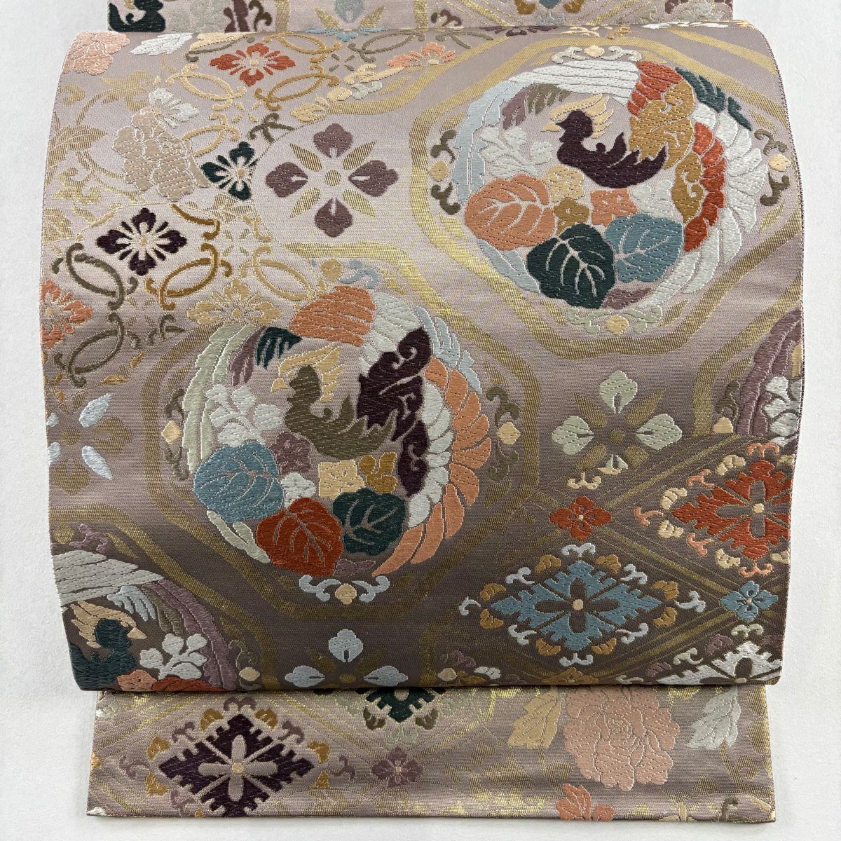 【美品】 袋帶 名品級 鳳凰 花菱 唐織 本金金箔 灰紫 六通 純蠶絲