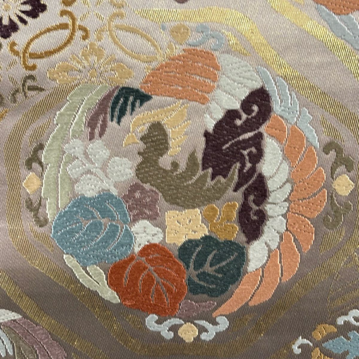 【美品】 袋帶 名品級 鳳凰 花菱 唐織 本金金箔 灰紫 六通 純蠶絲