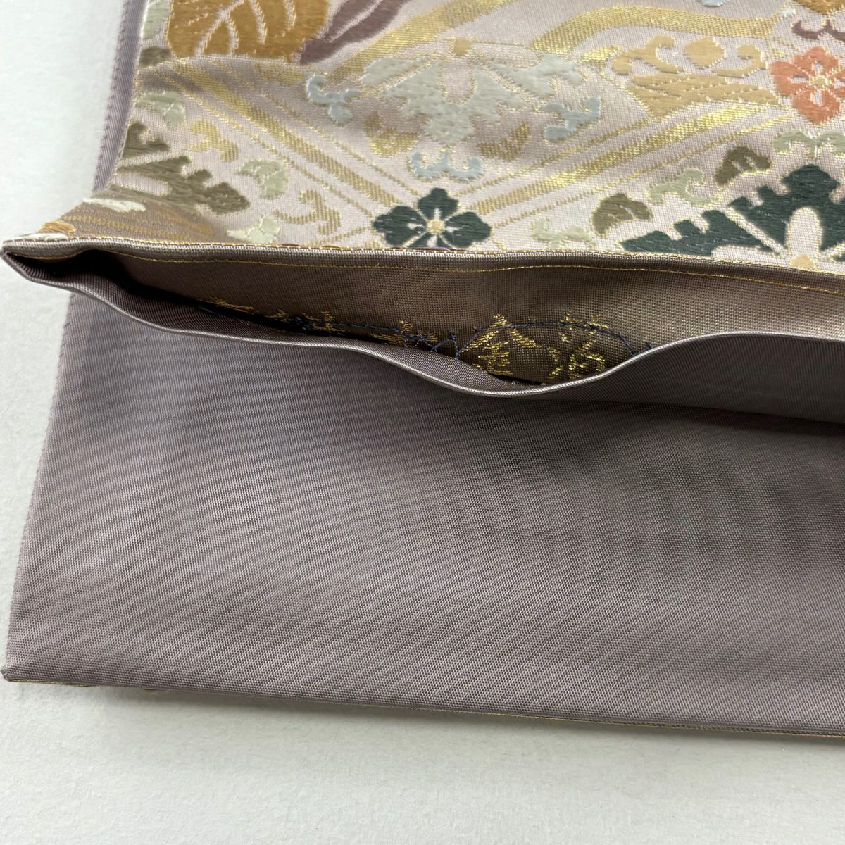 【美品】 袋帶 名品級 鳳凰 花菱 唐織 本金金箔 灰紫 六通 純蠶絲