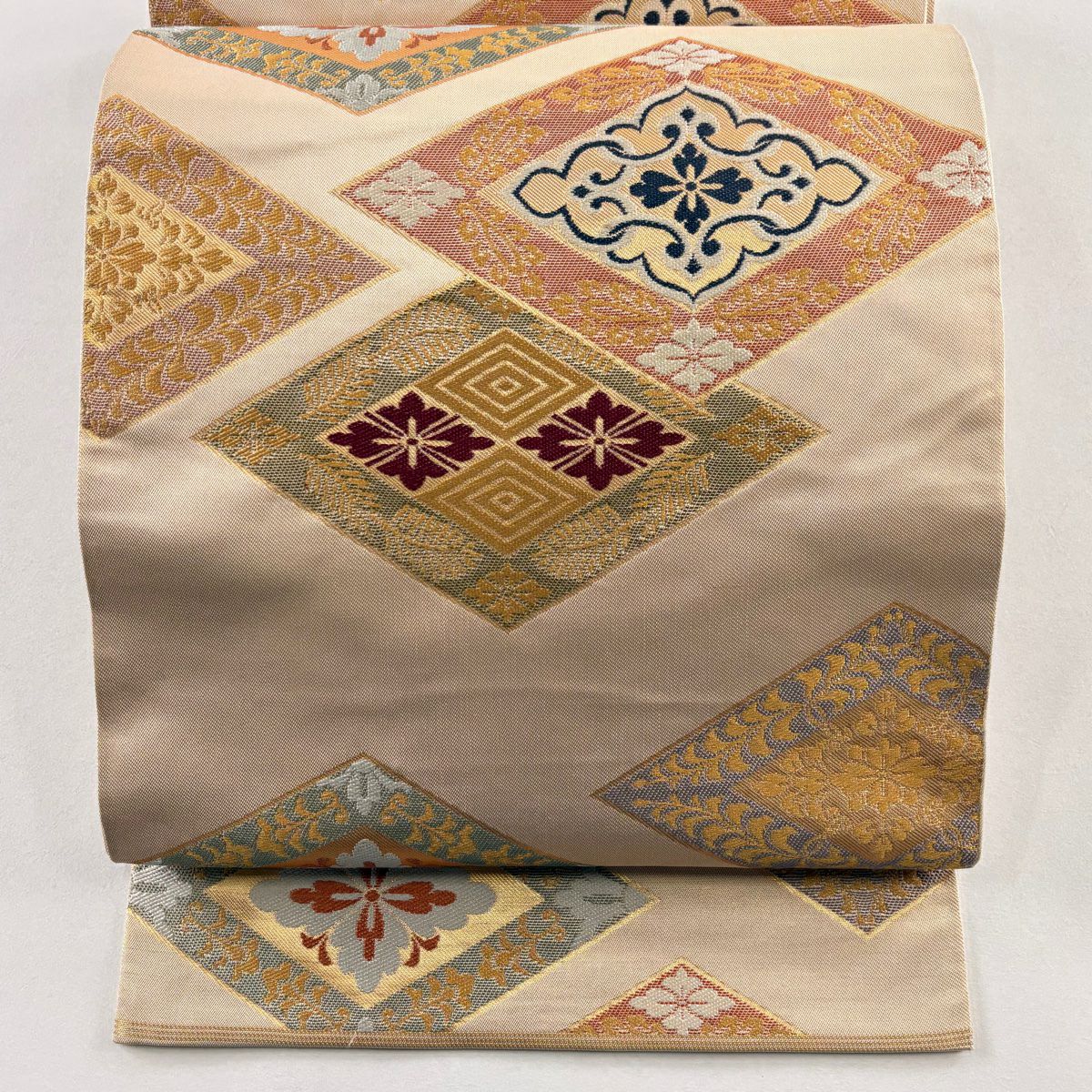 袋帶 名品級 川島織物 落款あり 關西仕立 雙菱 花菱 刺繡 金金箔 米色 六通 純蠶絲