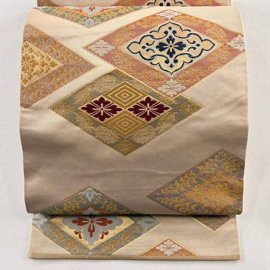 袋帶 名品級 川島織物 落款あり 關西仕立 雙菱 花菱 刺繡 金金箔 米色 六通 純蠶絲