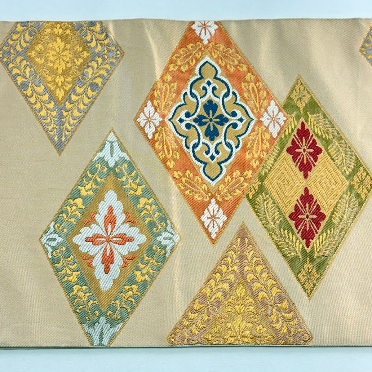 袋帶 名品級 川島織物 落款あり 關西仕立 雙菱 花菱 刺繡 金金箔 米色 六通 純蠶絲