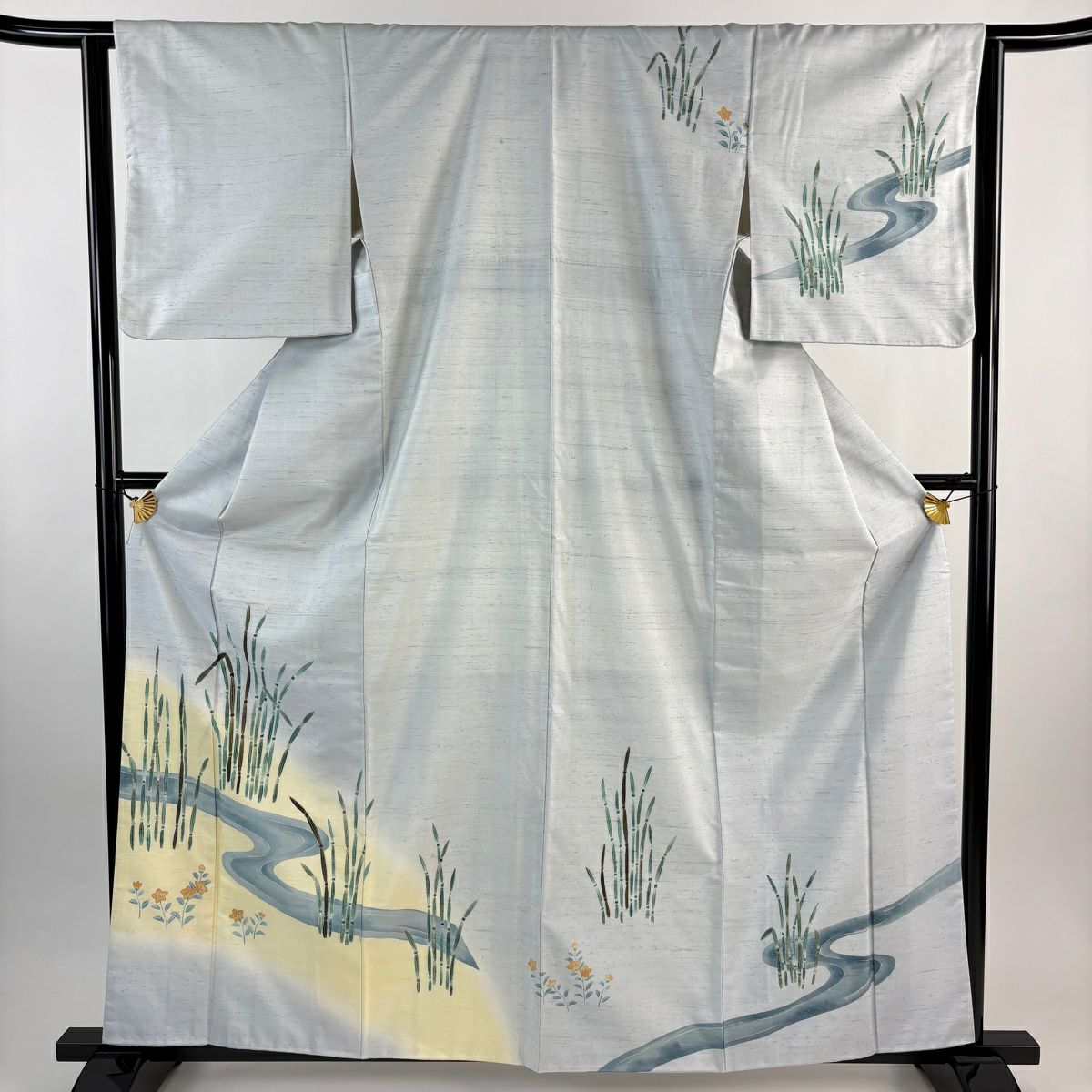 訪問服 身長161.5cm 袖長63.5cm S 雙層 紬織織 木賊 流水 金絲 金銀彩 水色 純蠶絲 秀品級