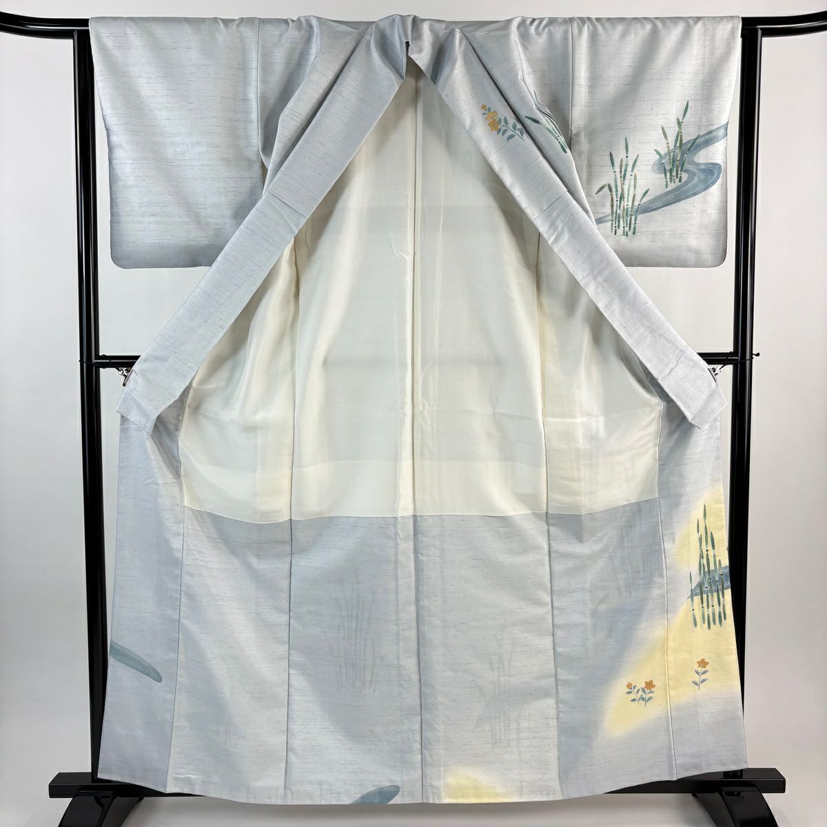訪問服 身長161.5cm 袖長63.5cm S 雙層 紬織織 木賊 流水 金絲 金銀彩 水色 純蠶絲 秀品級