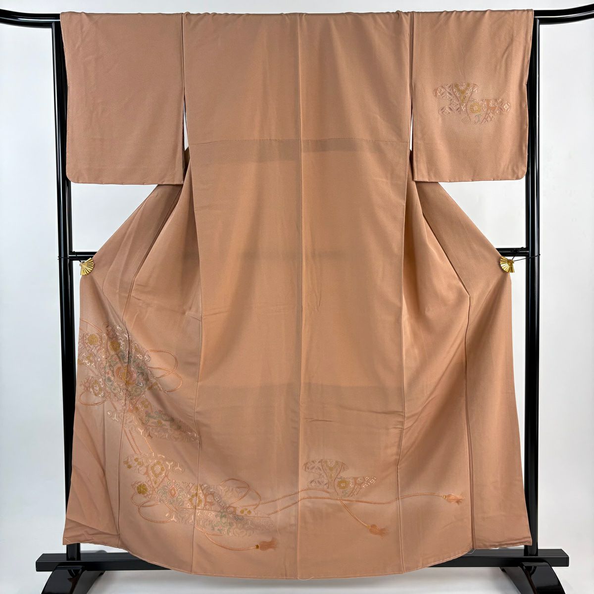 【美品】 付下 身長161cm 袖長66cm M 雙層 花鳥 霞 刺繡 粉米色 純蠶絲 優品級