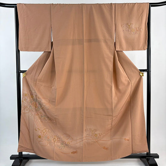 【美品】 付下 身長161cm 袖長66cm M 雙層 花鳥 霞 刺繡 粉米色 純蠶絲 優品級