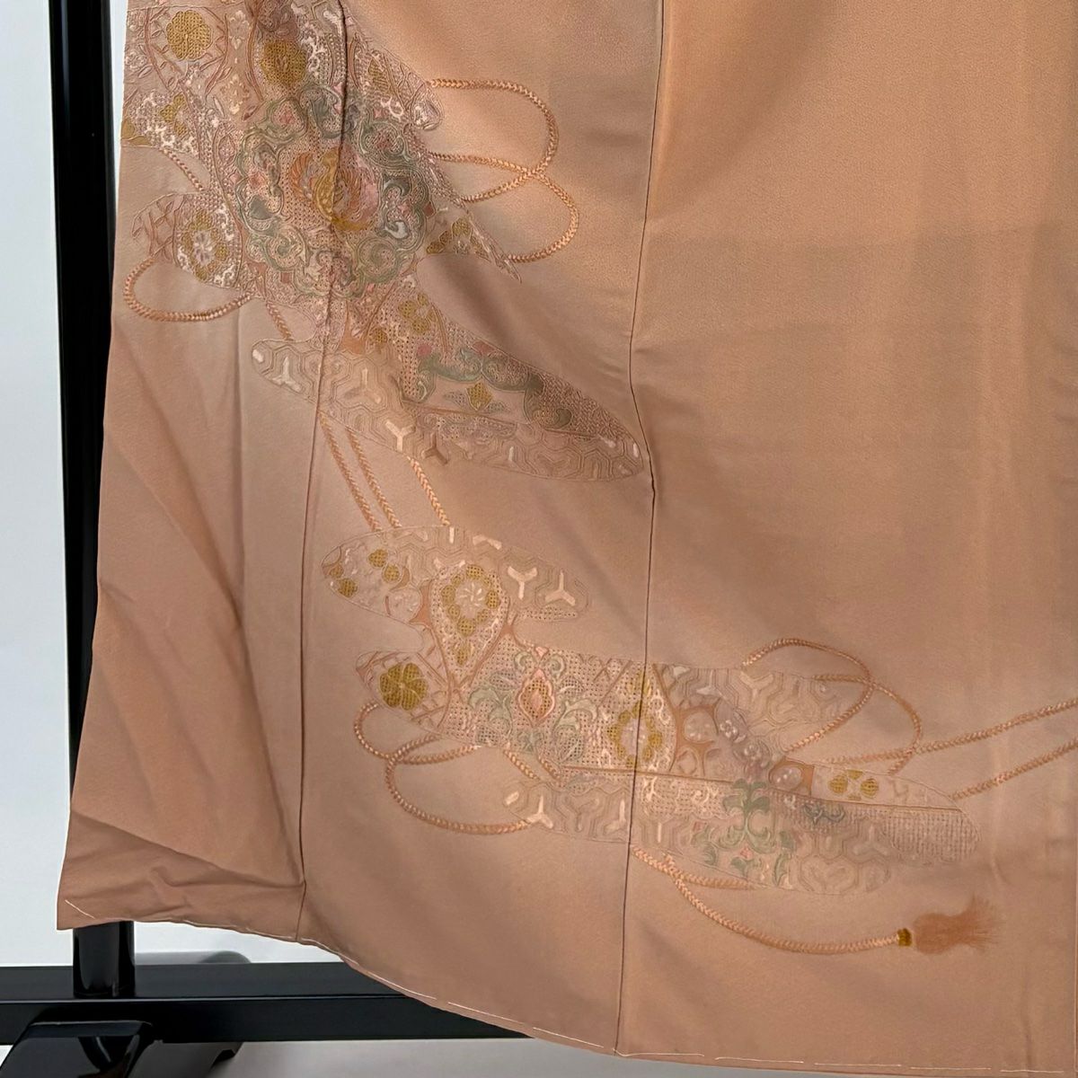【美品】 付下 身長161cm 袖長66cm M 雙層 花鳥 霞 刺繡 粉米色 純蠶絲 優品級