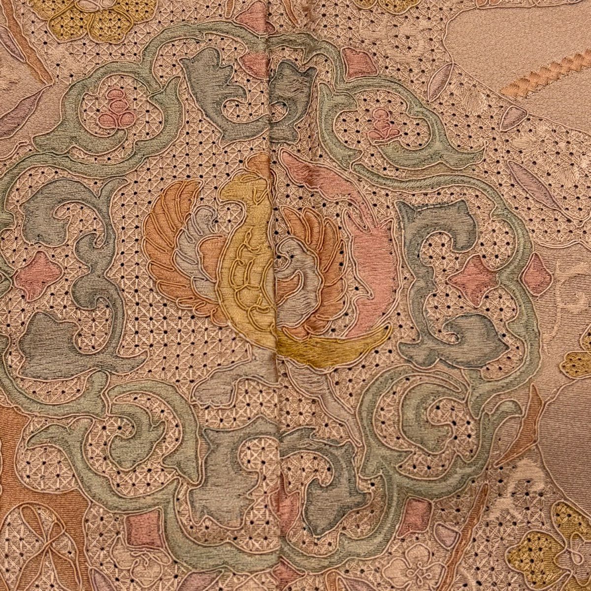 【美品】 付下 身長161cm 袖長66cm M 雙層 花鳥 霞 刺繡 粉米色 純蠶絲 優品級