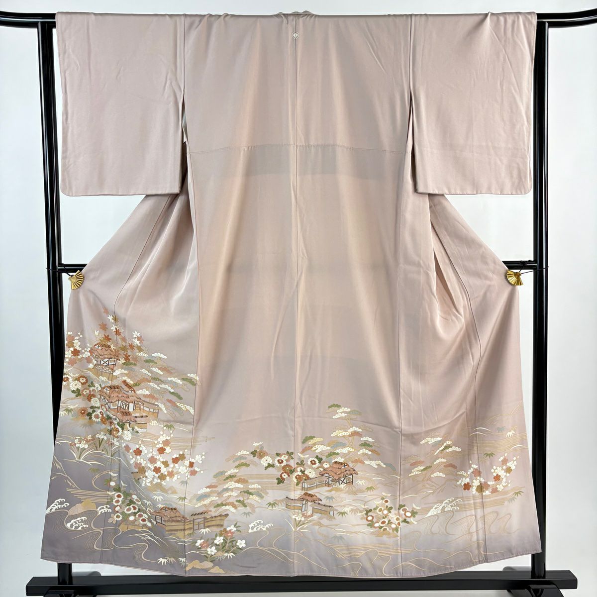 留袖禮服禮服 身長154cm 袖長64cm M 雙層 家屋 松樹竹子梅花 金絲 金銀彩 淺粉色 純蠶絲 優品級 一個紋