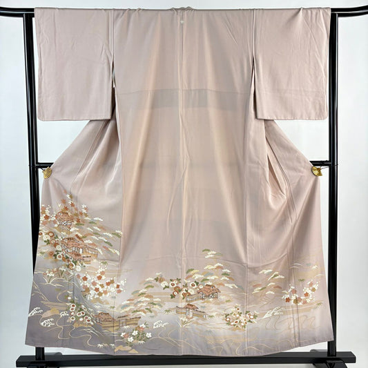 留袖禮服禮服 身長154cm 袖長64cm M 雙層 家屋 松樹竹子梅花 金絲 金銀彩 淺粉色 純蠶絲 優品級 一個紋
