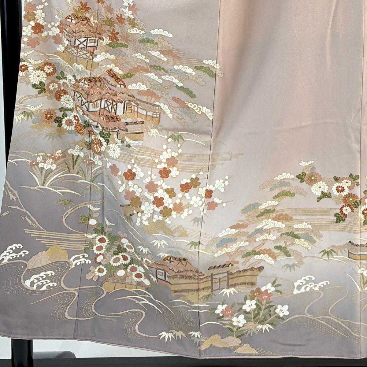 留袖禮服禮服 身長154cm 袖長64cm M 雙層 家屋 松樹竹子梅花 金絲 金銀彩 淺粉色 純蠶絲 優品級 一個紋