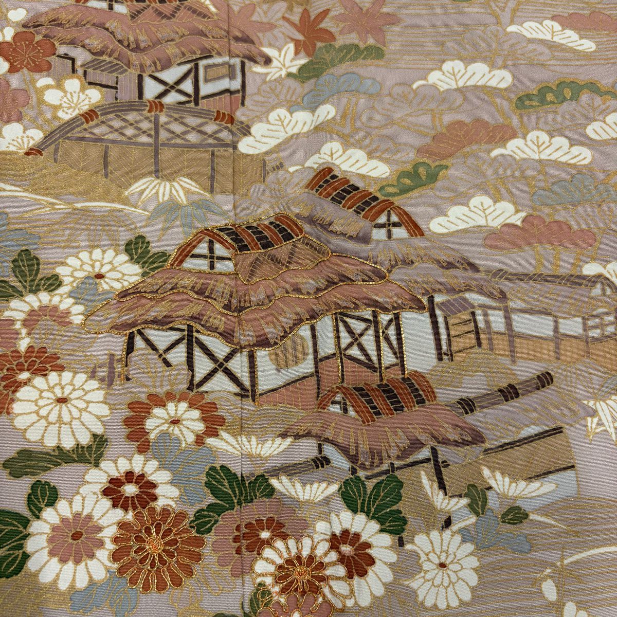 留袖禮服禮服 身長154cm 袖長64cm M 雙層 家屋 松樹竹子梅花 金絲 金銀彩 淺粉色 純蠶絲 優品級 一個紋