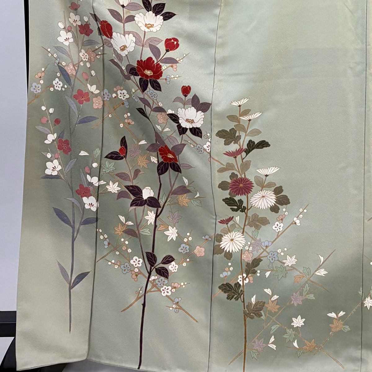 訪問服 身長170cm 袖長66cm M 雙層 椿 枝梅花 金彩裝飾 灰綠 純蠶絲 秀品級