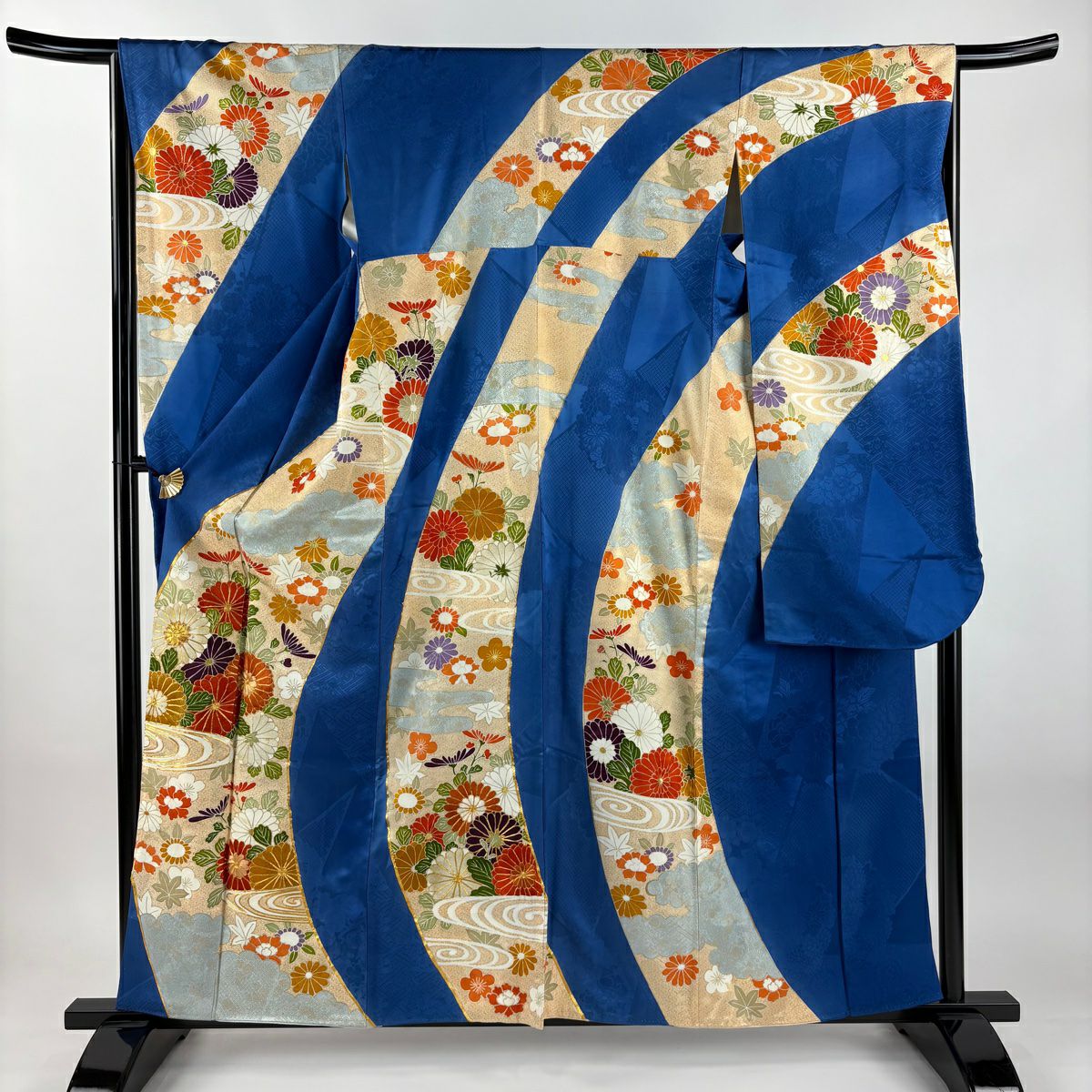 振袖禮服 身長161cm 袖長65.5cm M 雙層 菊花 流水 刺繡 金糸 青 純蠶絲 秀品級