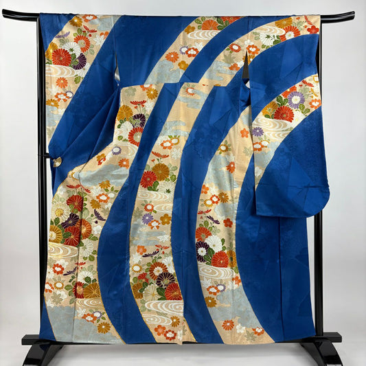 振袖禮服 身長161cm 袖長65.5cm M 雙層 菊花 流水 刺繡 金糸 青 純蠶絲 秀品級