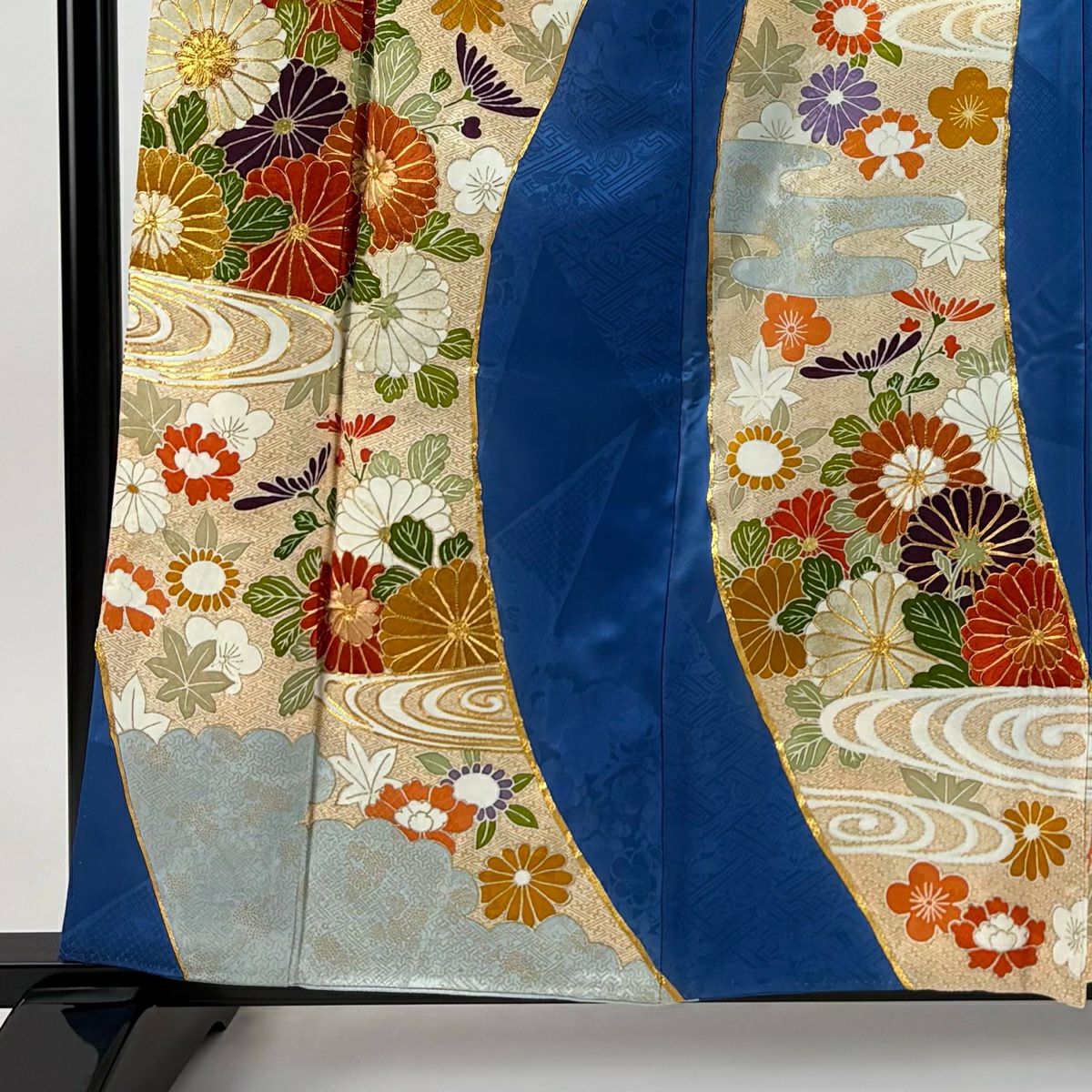 振袖禮服 身長161cm 袖長65.5cm M 雙層 菊花 流水 刺繡 金糸 青 純蠶絲 秀品級