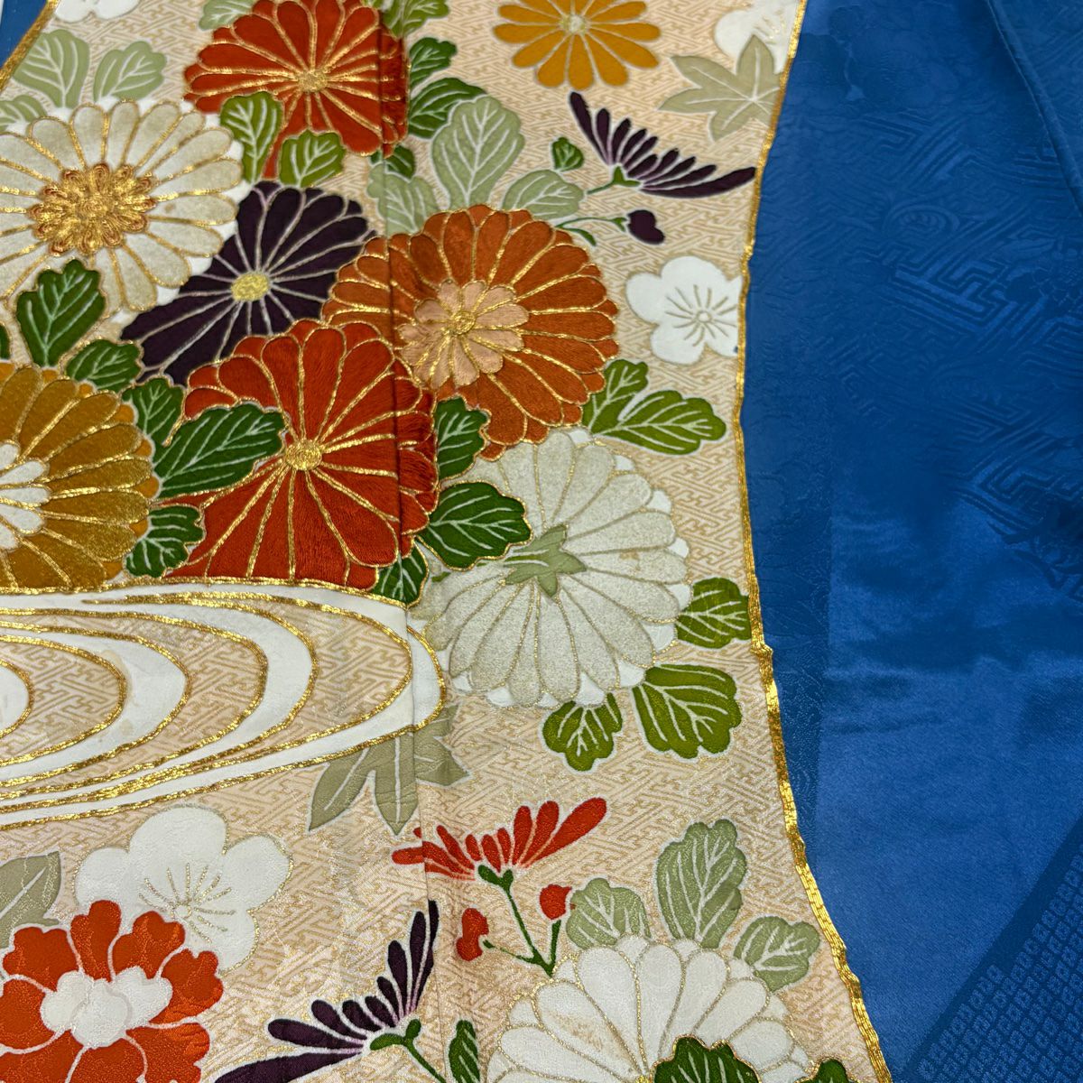 振袖禮服 身長161cm 袖長65.5cm M 雙層 菊花 流水 刺繡 金糸 青 純蠶絲 秀品級