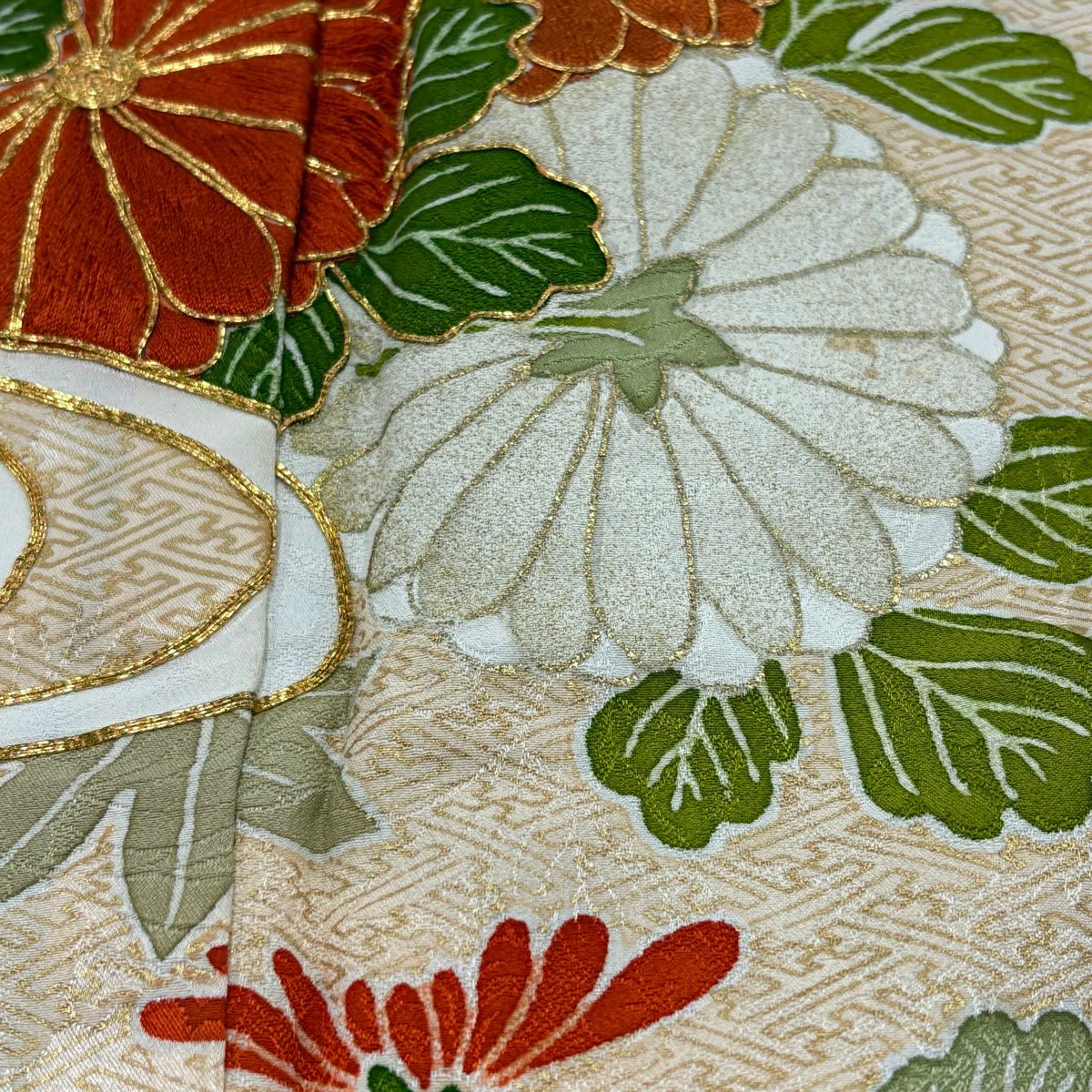振袖禮服 身長161cm 袖長65.5cm M 雙層 菊花 流水 刺繡 金糸 青 純蠶絲 秀品級