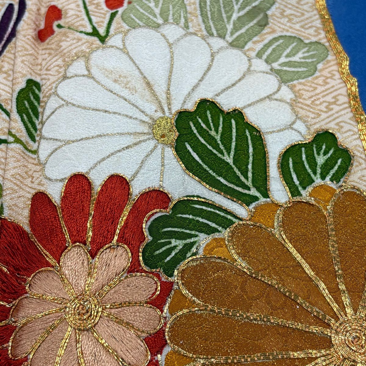 振袖禮服 身長161cm 袖長65.5cm M 雙層 菊花 流水 刺繡 金糸 青 純蠶絲 秀品級