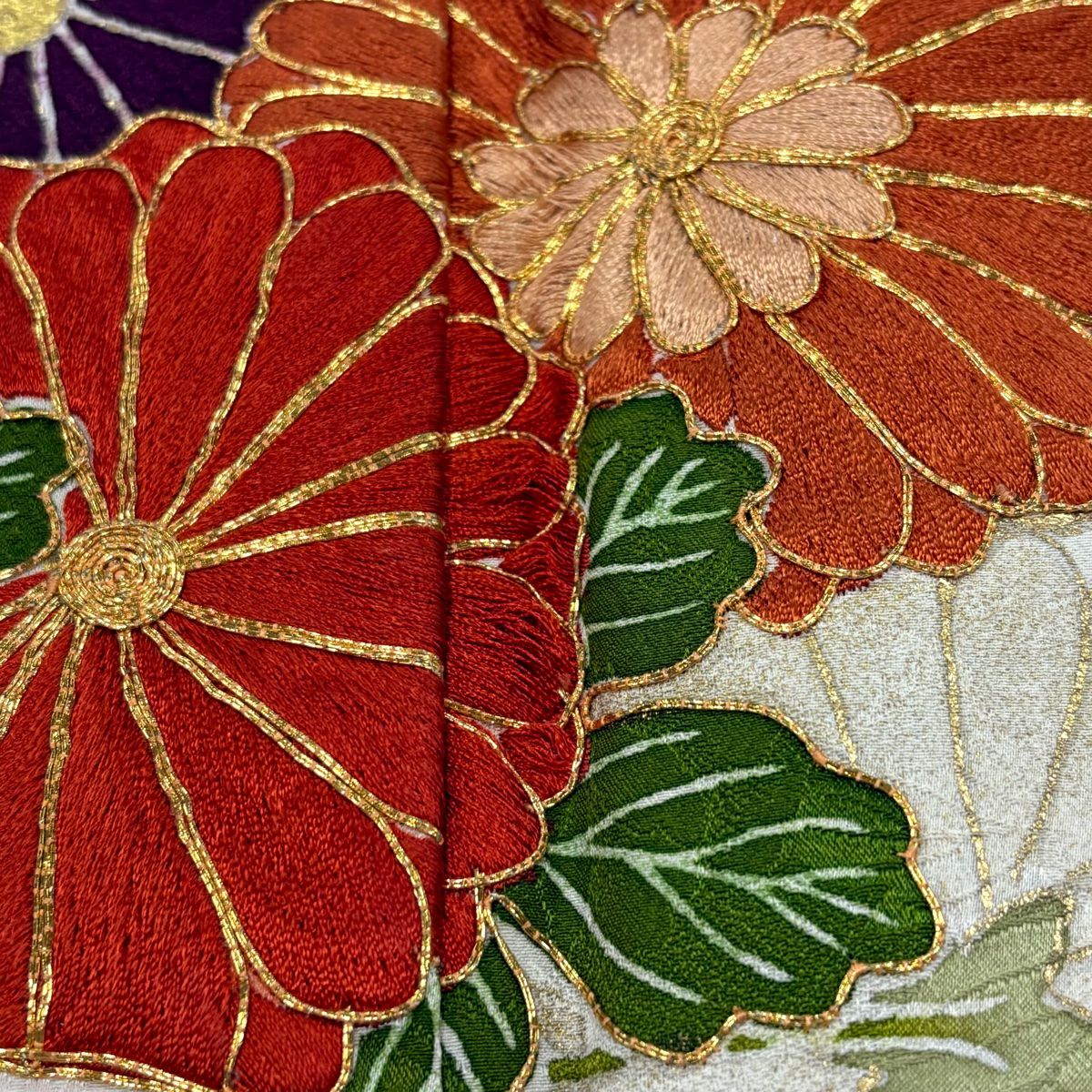 振袖禮服 身長161cm 袖長65.5cm M 雙層 菊花 流水 刺繡 金糸 青 純蠶絲 秀品級