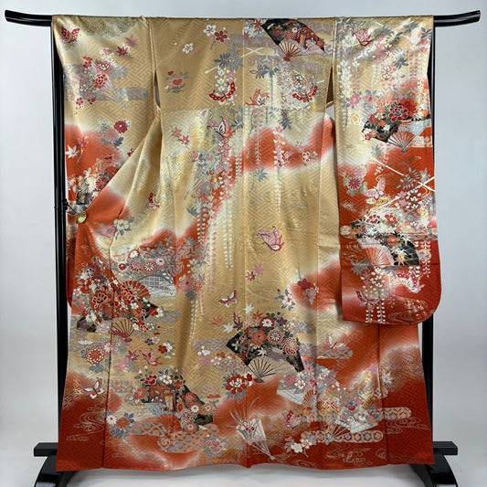 振袖禮服 身長164cm 袖長66cm M 雙層 花扇子 蝶 金絲 金銀彩 薄茶 純蠶絲 秀品級