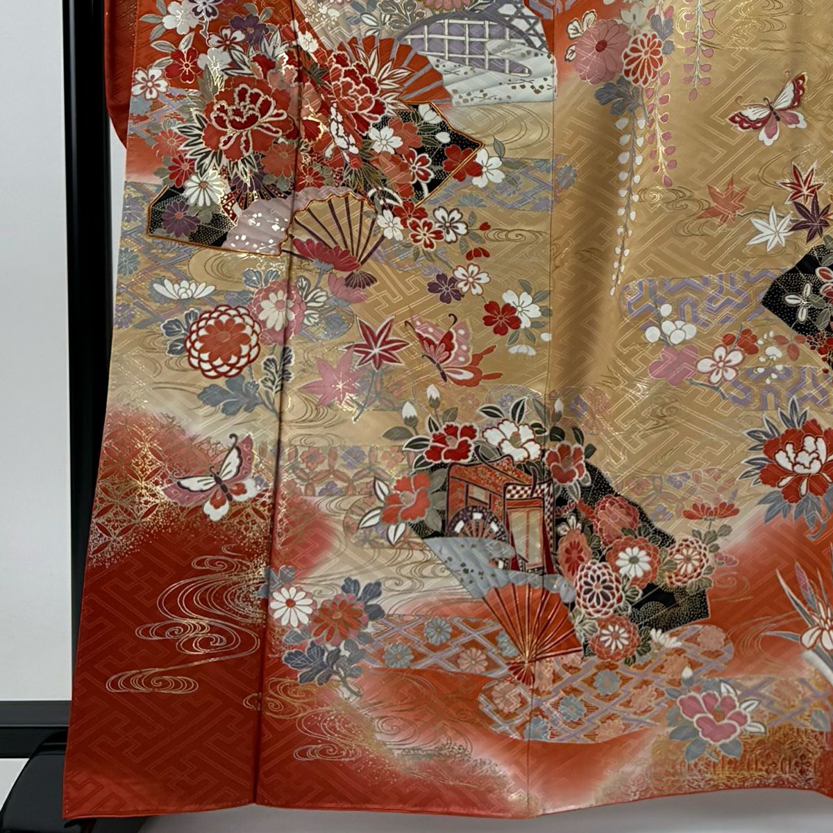 振袖禮服 身長164cm 袖長66cm M 雙層 花扇子 蝶 金絲 金銀彩 薄茶 純蠶絲 秀品級