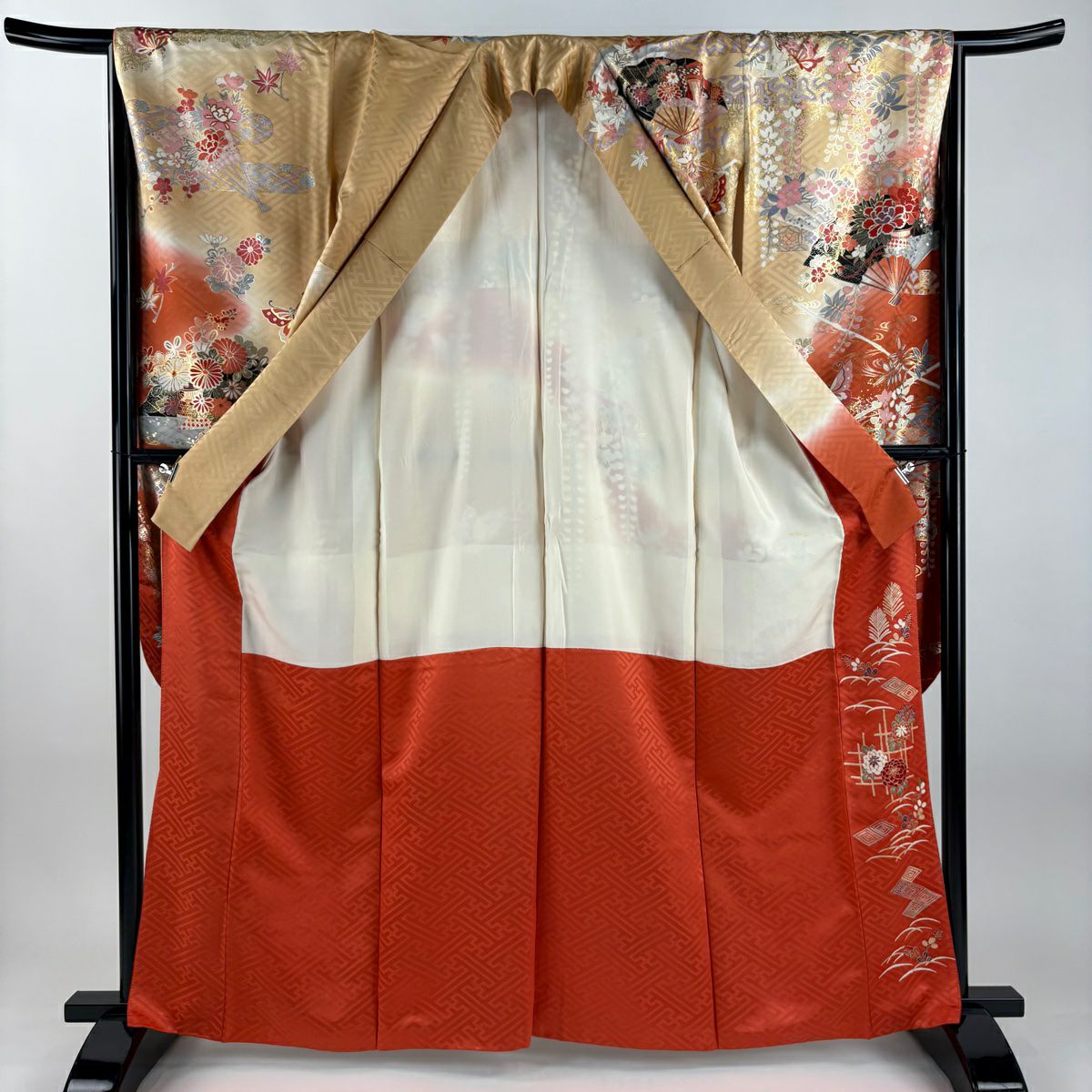振袖禮服 身長164cm 袖長66cm M 雙層 花扇子 蝶 金絲 金銀彩 薄茶 純蠶絲 秀品級