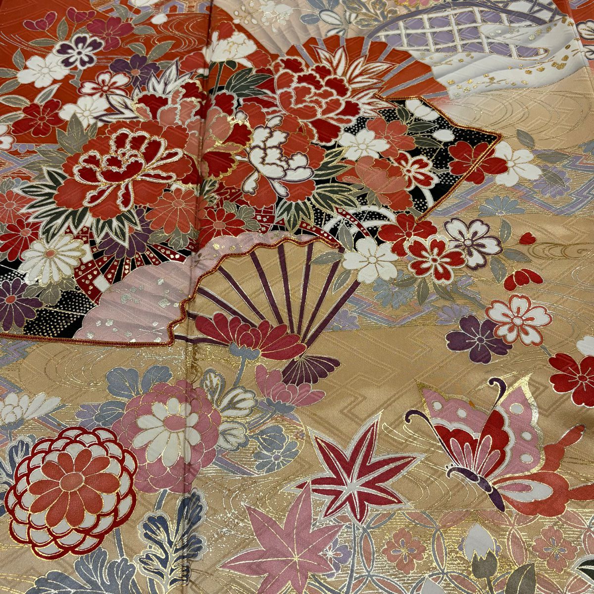 振袖禮服 身長164cm 袖長66cm M 雙層 花扇子 蝶 金絲 金銀彩 薄茶 純蠶絲 秀品級