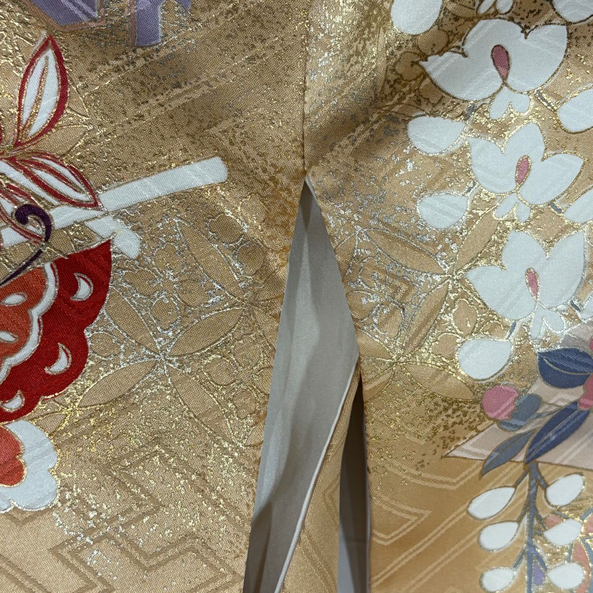 振袖禮服 身長164cm 袖長66cm M 雙層 花扇子 蝶 金絲 金銀彩 薄茶 純蠶絲 秀品級