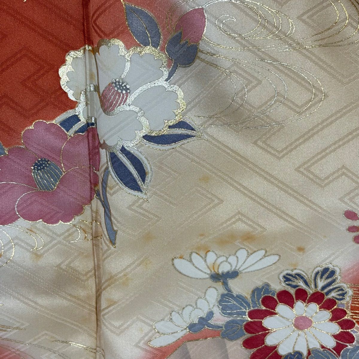 振袖禮服 身長164cm 袖長66cm M 雙層 花扇子 蝶 金絲 金銀彩 薄茶 純蠶絲 秀品級