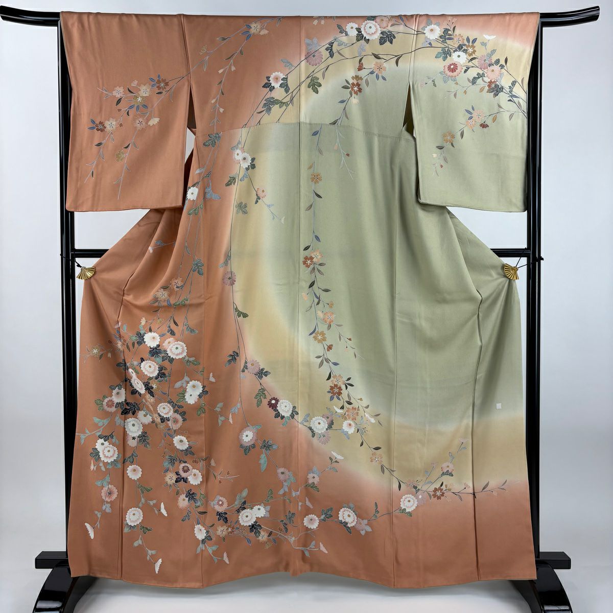 訪問服 身長163.5cm 袖長66cm M 雙層 落款 菊花 櫻花 染分 淡化 橙色 純蠶絲 優品級