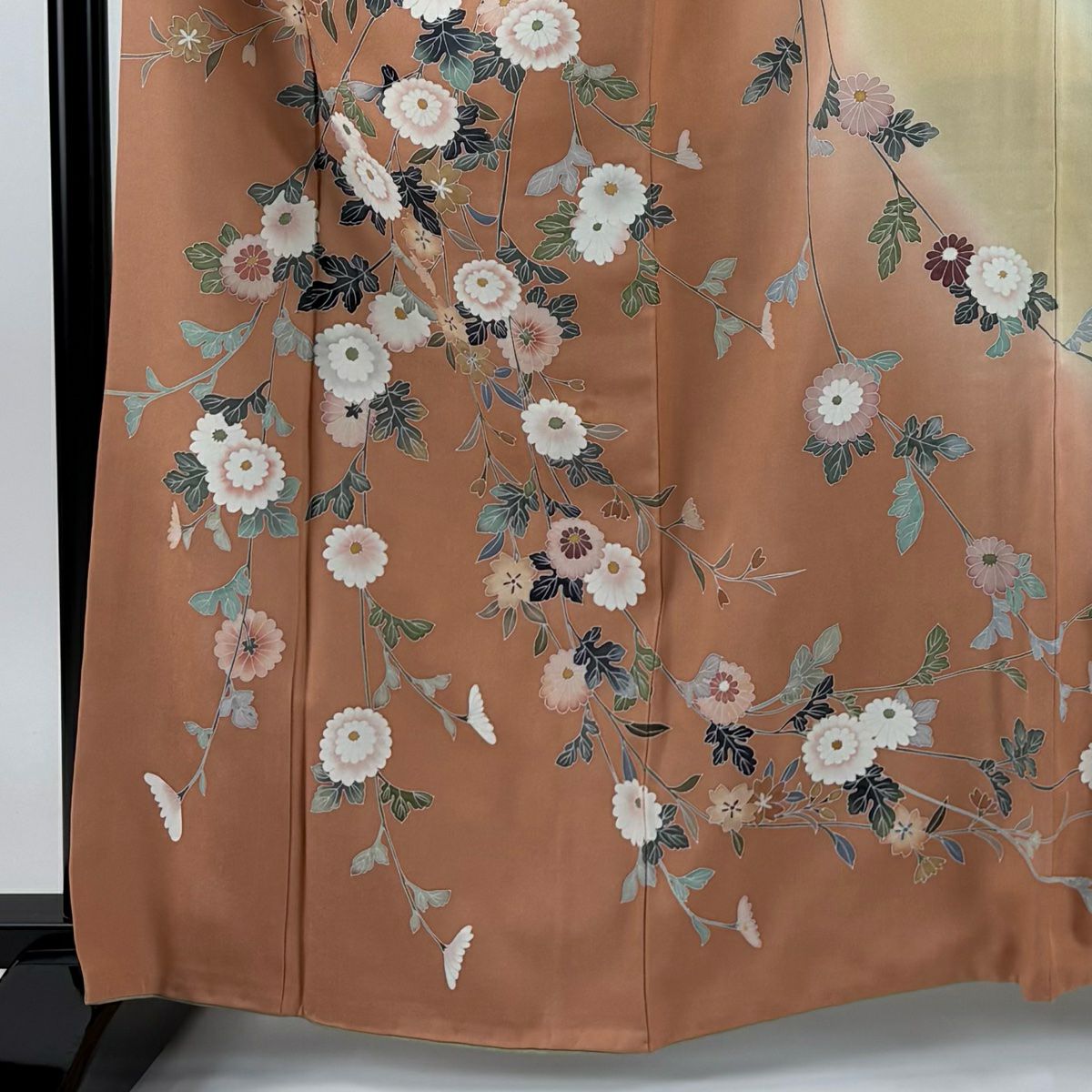 訪問服 身長163.5cm 袖長66cm M 雙層 落款 菊花 櫻花 染分 淡化 橙色 純蠶絲 優品級