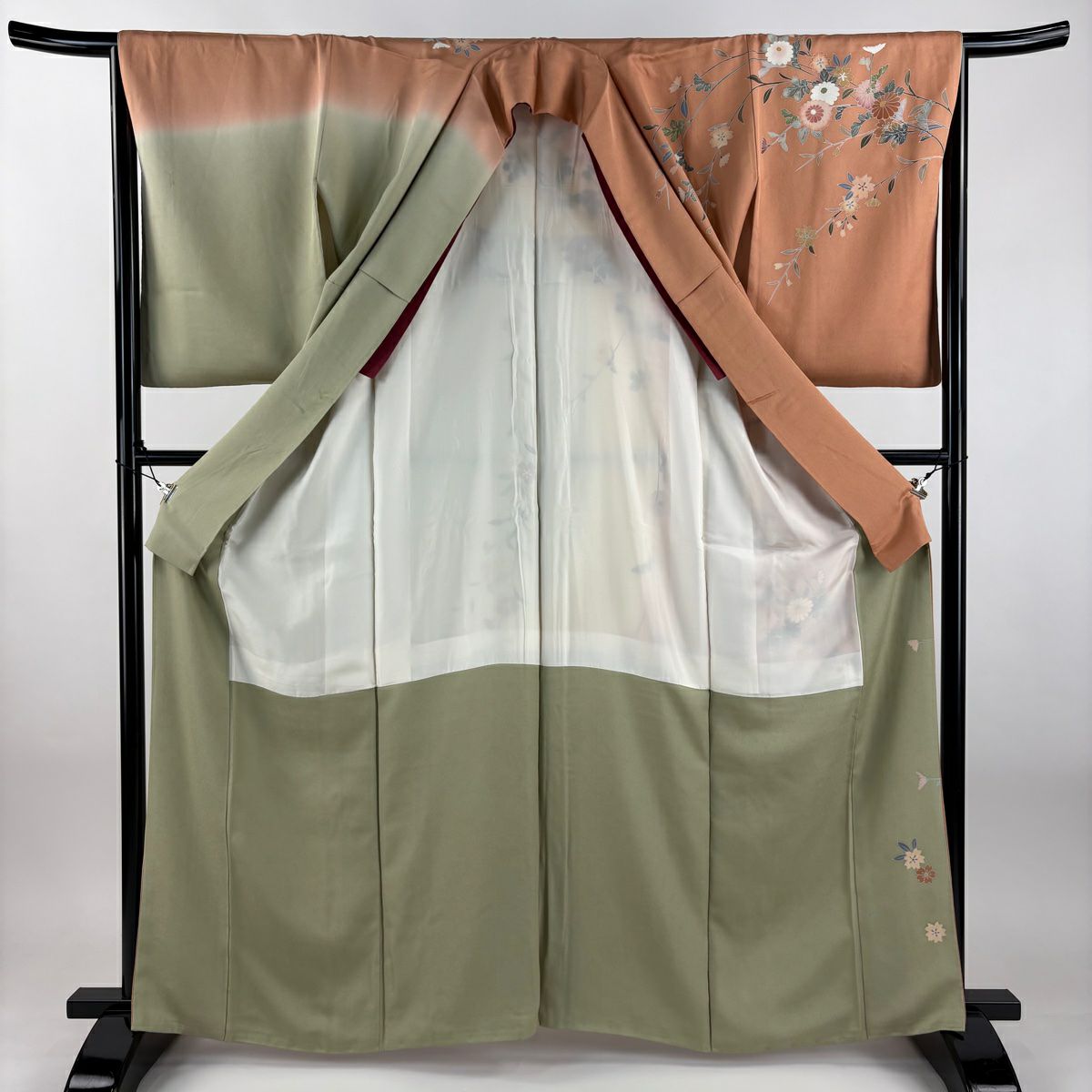 訪問服 身長163.5cm 袖長66cm M 雙層 落款 菊花 櫻花 染分 淡化 橙色 純蠶絲 優品級