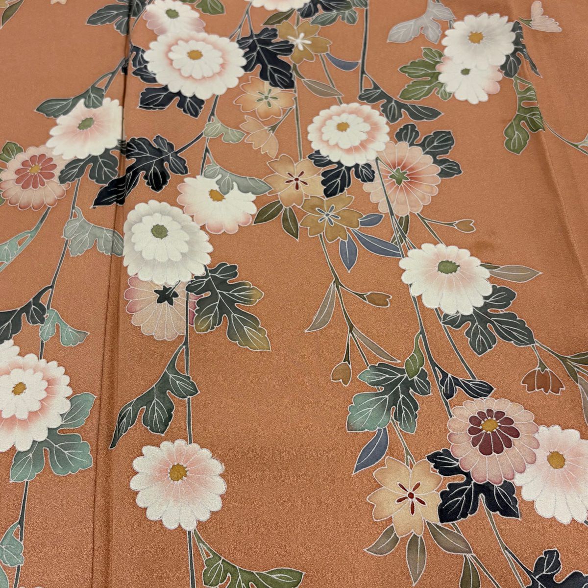 訪問服 身長163.5cm 袖長66cm M 雙層 落款 菊花 櫻花 染分 淡化 橙色 純蠶絲 優品級
