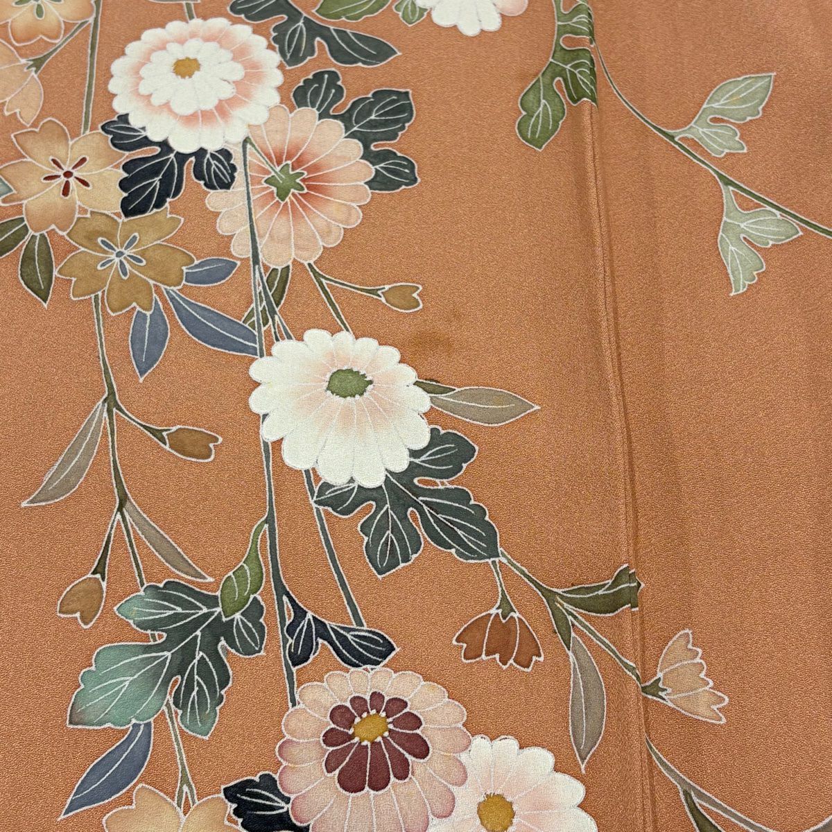 訪問服 身長163.5cm 袖長66cm M 雙層 落款 菊花 櫻花 染分 淡化 橙色 純蠶絲 優品級