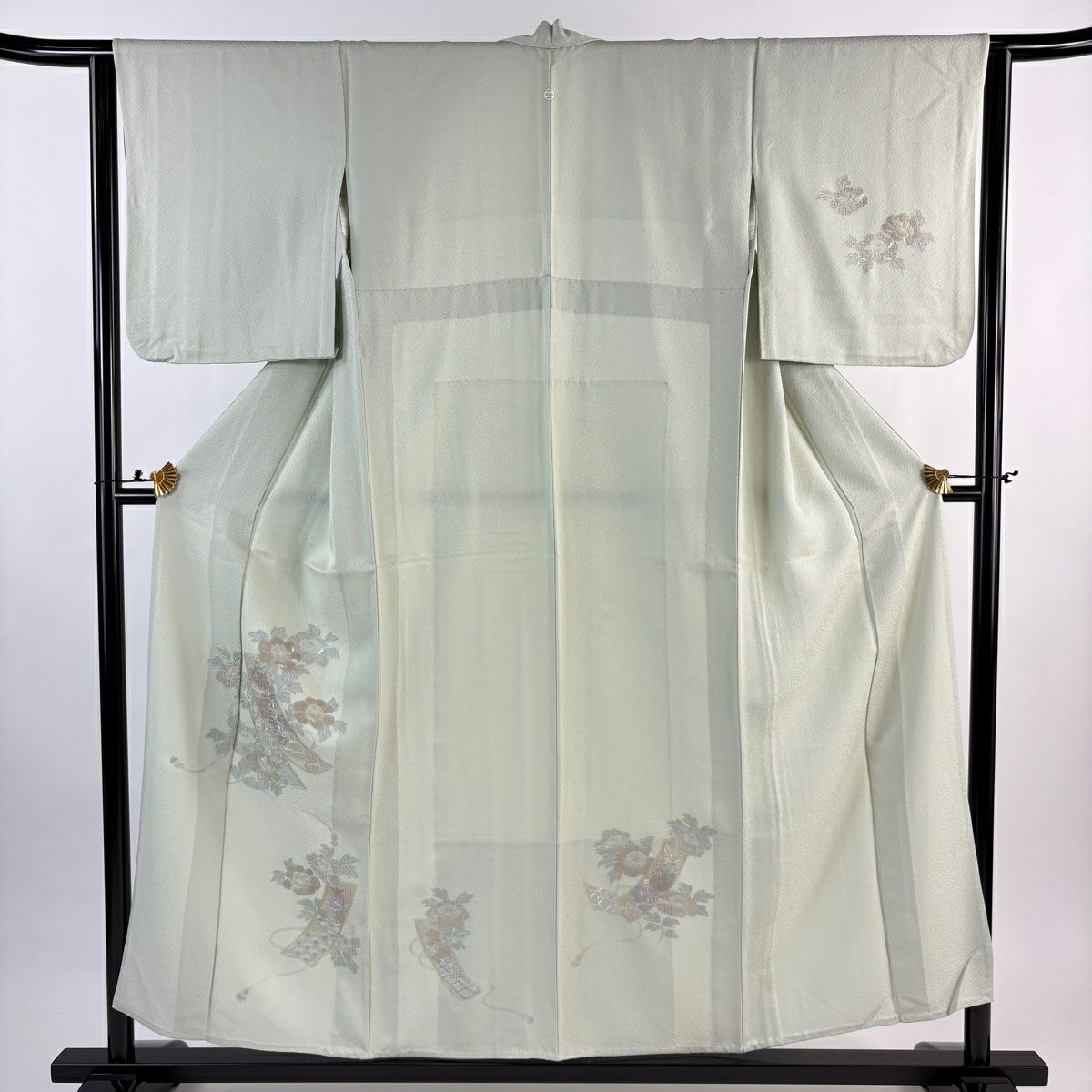 付下 身長156cm 袖長63cm S 單層 鈕襯 短冊 草花紋紋 刺繡 灰綠 純蠶絲 秀品級 一つ紋