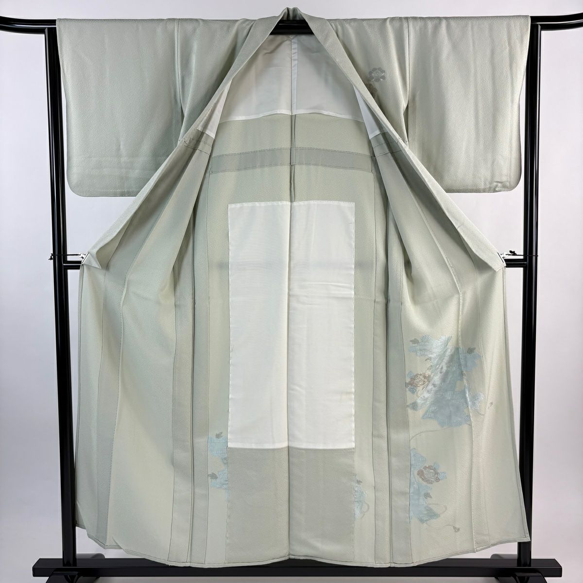 付下 身長156cm 袖長63cm S 單層 鈕襯 短冊 草花紋紋 刺繡 灰綠 純蠶絲 秀品級 一つ紋