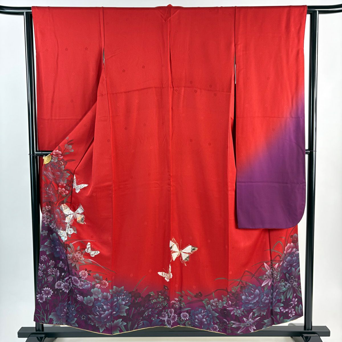 振袖禮服 身長155.5cm 袖長63cm S 雙層 蝶 草花紋紋 金銀彩 漸層 紅 純蠶絲 秀品級