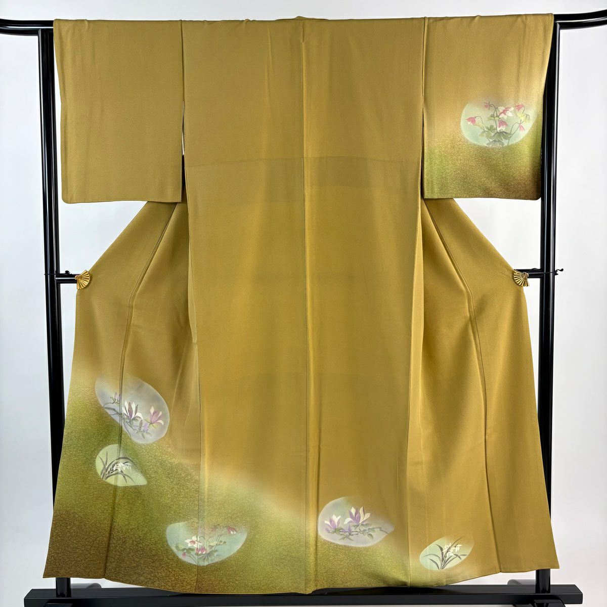 付下 身長155cm 袖長63cm S 雙層 枝花 草花紋 金絲 金銀彩 黃土 純蠶絲 優品級