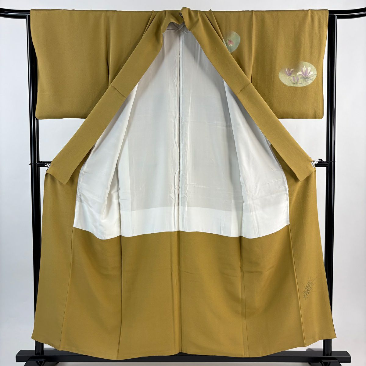 付下 身長155cm 袖長63cm S 雙層 枝花 草花紋 金絲 金銀彩 黃土 純蠶絲 優品級