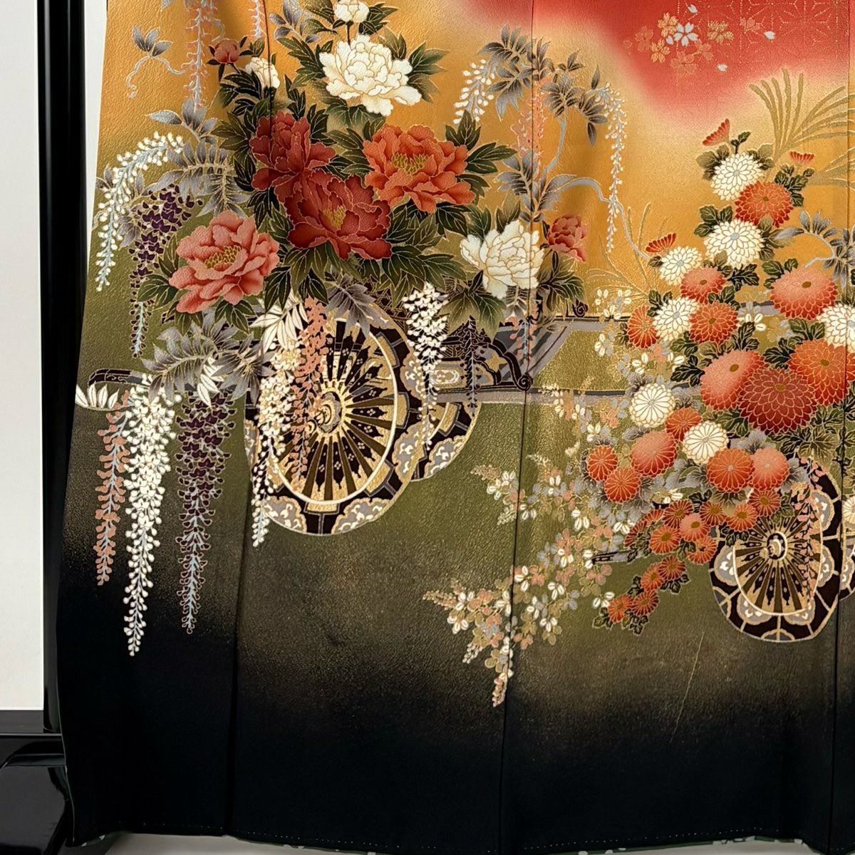 振袖禮服 身長166cm 袖長65.5cm M 雙層 花車 櫻花 金銀彩 漸層 朱 純蠶絲 優品級